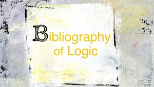 Logo der Bibliography of Logic: Der Hintergrund ist grau, von schwarzen und gelben Farbflächen durchmischt. Darauf prangt ein weißes Quadrat in dem in gelber Schrift steht "Bibliography of Logic"