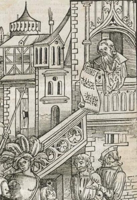 Urteilsverkündung, Abbildung aus dem Laienspiegel (1509)