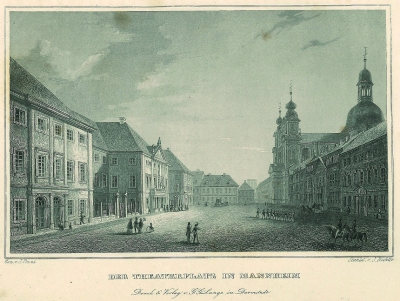 Der Theaterplatz in Mannheim, Stahlstich von Johann Carl August Richter, nach Giacomo Pozzi, um 1840.