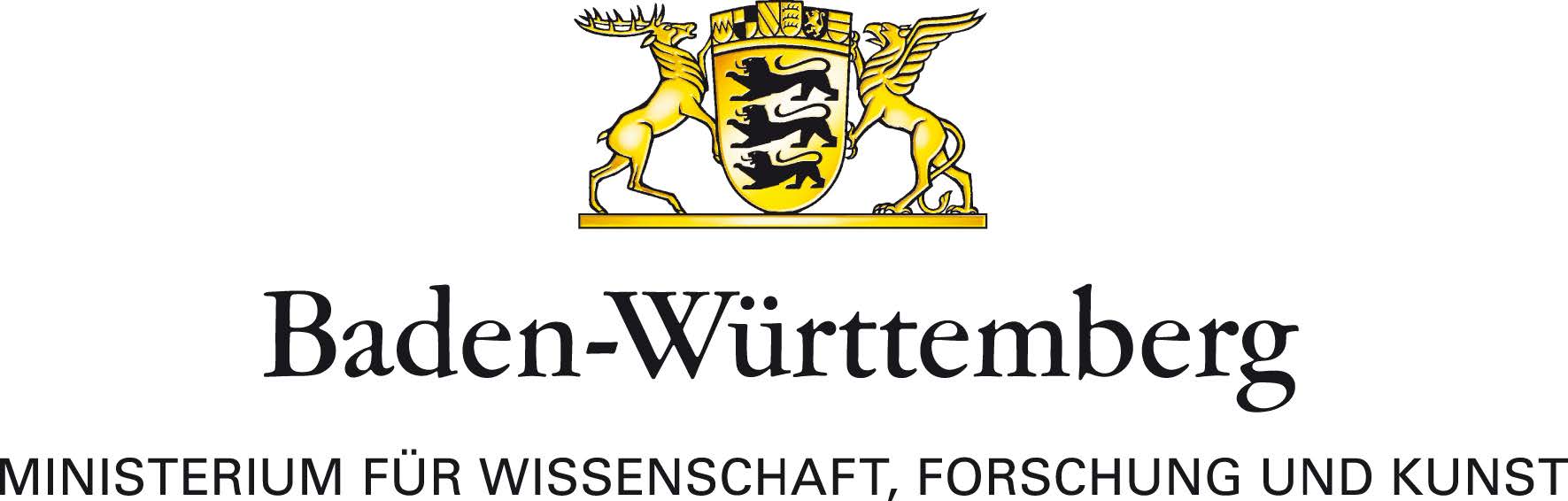 Das Logo des Baden-Württembergischen Ministeriums für Wissenschaft, Forschung und Kunst. Über dem Schriftzug prangt das große Landeswappen Baden-Württembergs.