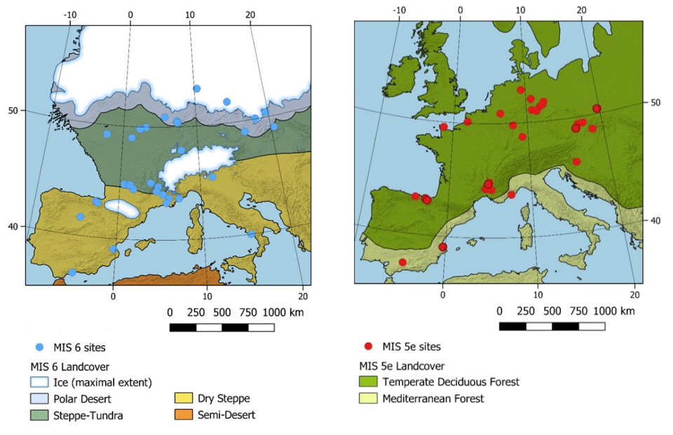 Es sind zwei verschiedene Europakarten abgebildet, welche die MIS 6 und 5e Fundstellen zeigen. 