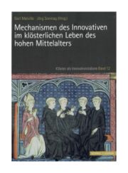 Dunkelgrünes Buchcover mit weißer Titelschrift. Die untere Hälfte des Covers zeigt eine mittelalterliche Zeichnung von vier sitzenden, diskutierenden Mönchen und einem Bischof.