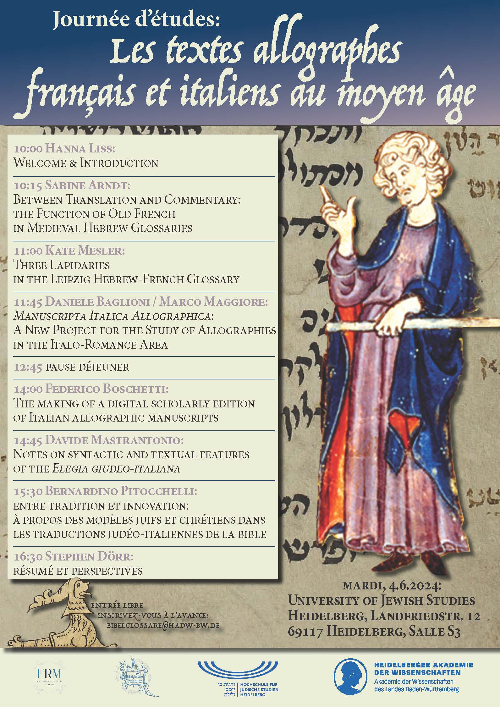 Plakat mit dem Programm des Studientages auf der linken Seite und einem Bild aus einer mittelalterlichen Handschrift auf der rechten. Dort spricht ein bärtiger Mann und macht mit der rechten Hand eine Geste, indem er den Daumen und Zeigefinger hebt.