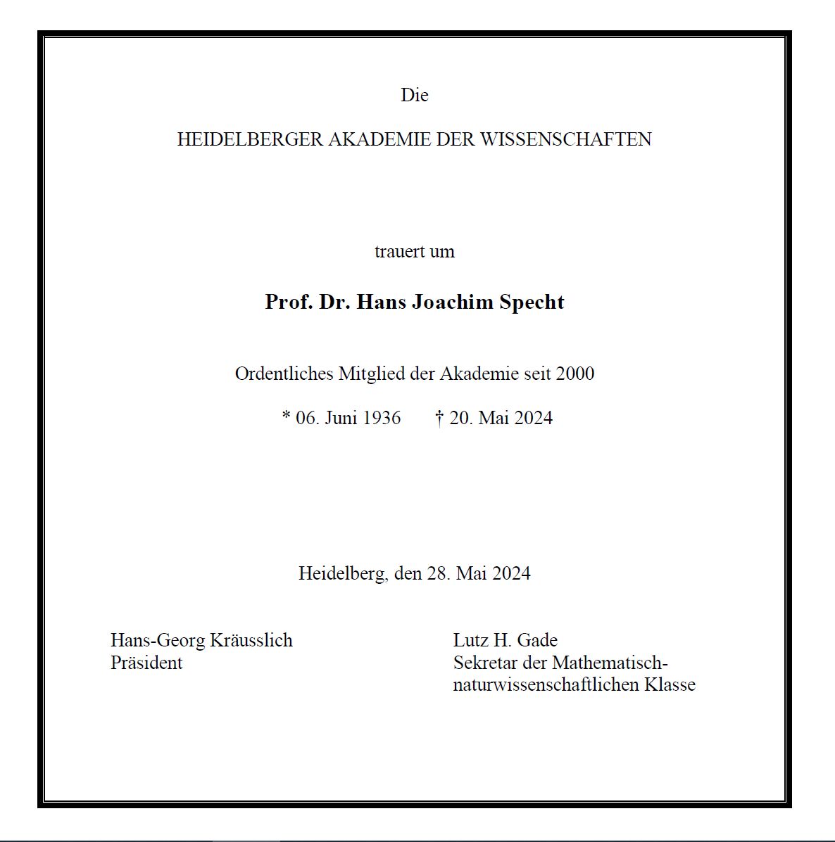 Traueranzeige der Akademie, die um Hans Joachim Specht trauert, der seit 2000 Ordentliches Mitglied war.