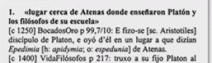 Artikelbeispiel „academia“, Diccionario del español medieval (DEM)