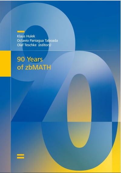 Buchcover mit dem Titel "90 Years of zbMATH". Im Hintergrund in Blau- und Orangetönen steh 90.