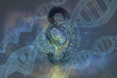 Collage zur Symbolisierung des Zusammenhangs zwischen Rechtswissenschaft und Forschungsdateninfrastruktur. In Blautönen ziehen sich DNA-Stränge diagonal über das Bild. In der Mitte befindet sich ein §-Zeichen in schwarz, über dem eine transparente Weltkugel in türkis mit vielen Vernetzungspunkten liegt. 
