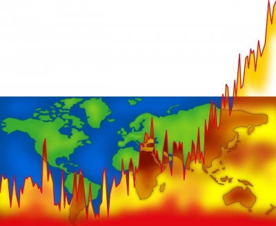 Landkarte der Erde im Hintergrund, im Vordergrund in feurigen Farben eine nach oben steigende Kurve, welche die Erderwärmung darstellt.