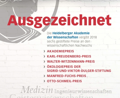 Plakat der Preisverleihung 2018, auf grauem Hintergrund steht in rot: "Ausgezeichnet" Darunter in grau und blau "Die Heidelberger Akademie der Wissenschaften vergibt 2018 sechs gestiftete Preise an den wissenschaftlichen Nachwuchs". Darunter sind die Preise in roter Schrift aufgelistet.