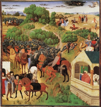 Szenen aus dem Rolandslied, Simon Marmion - Grandes Chroniques de France, St. Petersburg, Ms. Hermitage. fr. 88 [Niederl. Burgund, Mitte 15. Jh.], Exemplar Philipps des Guten, Folio 154v, https://commons.wikimedia.org/w/index.php?curid=1913372