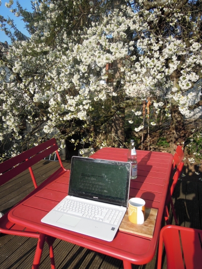 Ein roter Gartentisch mit roten Stühlen und einer roten Bank steht auf einer hölzernen Terrasse. Auf dem Tisch steht ein geöffneter Laptop, daneben eine gelbe Tasse auf einem Holzbrett. Hinter dem Laptop steht eine Wasserflasche. Die Terrasse und der Tisch werden überwölbt von einem weiß blühenden Apfelbaum.