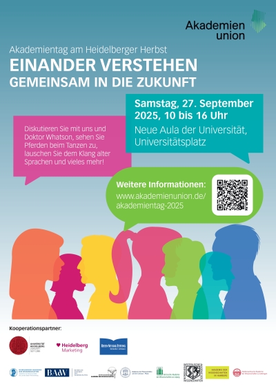 Plakat für den Akademientag mit Informationen. Unten sind bunte, stilisierte Personen zu erkennen. Oben ist der Titel "Akademientag - Einander verstehen - gemeinsam in die Zukunft". In Sprechblasen sind die Info wann, wo und was genannt.