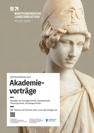 Das Plakat zu den Akademievorträgen 2021 zeigt eine Statue der Athene sowie das Logo der Württembergischen Landesbibliothek.