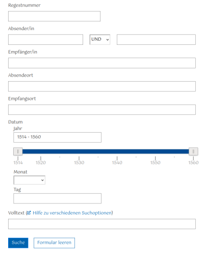 Screenshot der mbw online-Suche, mit verschiedenen Feldern zur Eingabe von Such-Parametern
