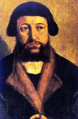 Andreas Osiander von Georg Pencz, Papierzeichnung 1544 in Rom; Osiander trägt einen schwarzen Mantel mit braunem Pelzbesatz, darunter ist ein weißer Kragen zu sehen. Seine Haare gehen bis über die Ohren und er trägt einen Pony sowie Vollbart.