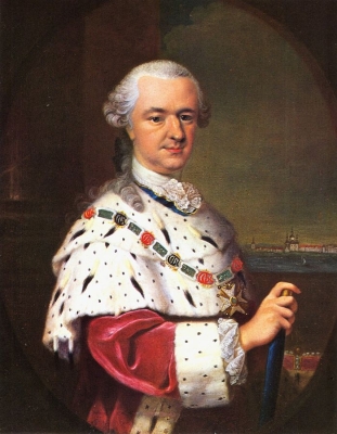 Gemälde von Kurfürst Karl Theodor im Dreiviertelporträt in rotweißem Gewand.