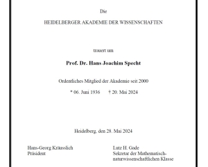 Traueranzeige der Akademie, die um Hans Joachim Specht trauert, der seit 2000 Ordentliches Mitglied war.