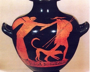 Eos, die Göttin der Morgenröte, verfolgt den Hirten Kephalos, in den sie sich verliebt hat. Wassergefäß (Hydria) aus Athen 470/60 v. Chr. im Antikenmuseum der Universität Heidelberg.