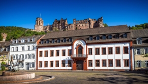 Frontseite der Akademie. Weißes, zweistöckiges Gebäude mit roter Fenster- und Türumrahmung. Braunes Dach mit Fenstergiebeln auf der gesamten Breite. Jeweils sechs Fenster rechts und links mittig gelegenen braunen Eingangstors. Eine goldene Aufschrift „Akademie der Wissenschaften“ prangt über dem Bogenfenster, das sich in der ersten Etage über dem Eingangstor befindet. Im Hintergrund, oberhalb des Akademiegebäudes, die Ruine des Heidelberger Schlosses mit seinen zwei Türmen und dem Festsaal.