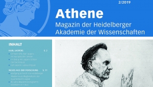 Titelseite des Athene Magazins mit blauem Header mit weißer Titelschrift, darunter eine Inhaltsübersicht und ein Foto von Karl Jaspers, unten der dazugehörige Artikel über Karl Jaspers