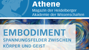 Titelseite des Athene-Magazins 1-2025 zum Thema "Embodiment - Spannungsfelder zwischen Körper und Geist". In expressionistischem Stil ist eine gesichtslose Figur im Zentrum zu sehen, die auf den Betrachter mit erhobenen Armen zuläuft. Sie steht im Strahlenkranz, um den sich bunte Wirbel, andere Körper und Formen ranken.