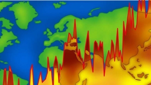 Landkarte der Erde im Hintergrund, im Vordergrund in feurigen Farben eine nach oben steigende Kurve, welche die Erderwärmung darstellt.