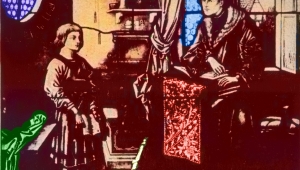 Glasmalerei, die Reuchlin in der Stube mit Bibel zeigt