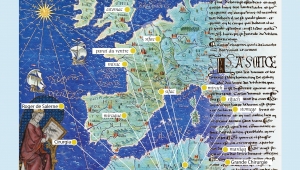 Karte von romanischen Ländern mit Grafik zu Wissensnetzen, darüber mittelalterliche Handschrift und Figuren aus Buchmalerei 