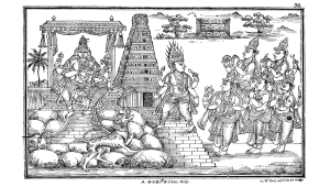 Illustration, die eine Tempelanlage mit Göttern, Menschen und Tieren zeigt. Die Menschen nähern sich des im Zentrum stehenden Gottes Shiva.