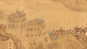 Bild in Brauntönen, das einen Ausschnitt des Gurkha-Feldzugs mit der Belagerung zweier Türme zeigt. 