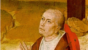Gemälde zeigt einen Mann, der mit geöffneten Händen nach oben blickt. Sein roter Hut ist hinabgerutscht und sein Kopf unbedeckt. 