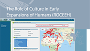 Titelblatt des ROCEEH_Newsletters von 2020. Dunkelblauer Hintergrund mit der Akademie-Athene in der oberen linken Ecke. Darunter in weißer Schrift der Titel des Projekts. In der Mitte der Seite ist das Bild eines Comupterbildschirms abgedruckt, auf dem eine Karte von Europa, Arika und Asien geöffnet ist. Auf der Karte sind viele rote Markierungen gesetzt.