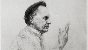 Bleistiftzeichnung von Karl Jaspers im Profil von Vasconcellos. Jaspers ist oberkörperaufwärts abgebildet. er hebt eine Hand vor sein Gesicht und scheint zu sprechen.
