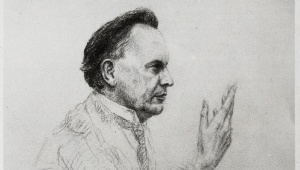 Bleistiftzeichnung von Karl Jaspers im Profil von Vasconcellos. Jaspers ist oberkörperaufwärts abgebildet. er hebt eine Hand vor sein Gesicht und scheint zu sprechen.