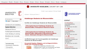 Screenshot der Seite der Universitätsbibliothek Heidelberg. Neben dem Seitenmenü ist eine Auflistung der Publikationen der Heidelberger Akademie der Wissenschaften zu sehen. Rechts der Kontakt zur Akademie sowie das Akademie-Logo.
