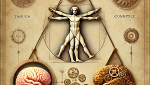 A Renaissance-style infographic depicting the concept of embodiment. At the center of the composition is a human anatomical model flanked by a normal and a robotic brain.