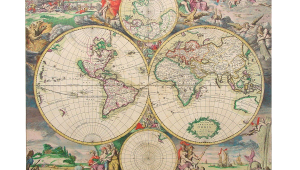 Zeichnung einer Landkarte. Zwei Kreise sind nebeneinander platziert und zeigen die noch unvollständig kartographierten Kontinente. Um die Kreise herum sind Zeichnungen von heiligen und mystischen Figuren zu sehen.